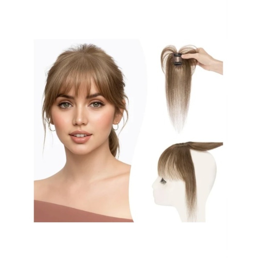 TESS Clip in Bangs 100% Human Hair 3D Wispy Medium Brown Fringe Extensions #04